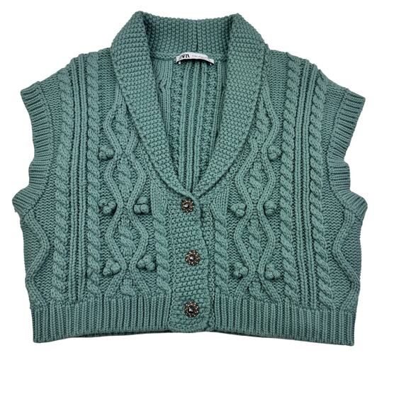 Zara Cable Knit Chunky Boxy Cropped Sleeveless Button Front Vest Women's M/L - Picture 1 of 5